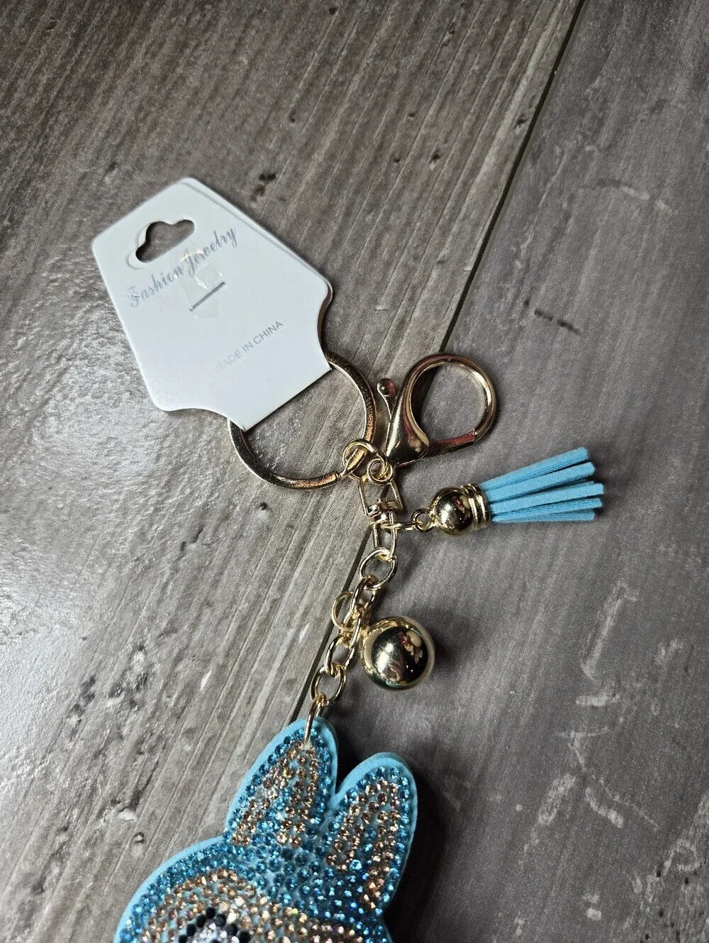 NWT Fashion Jewelry Sparkling Blue Labubu Inspired Gold Keyring Set with Charm